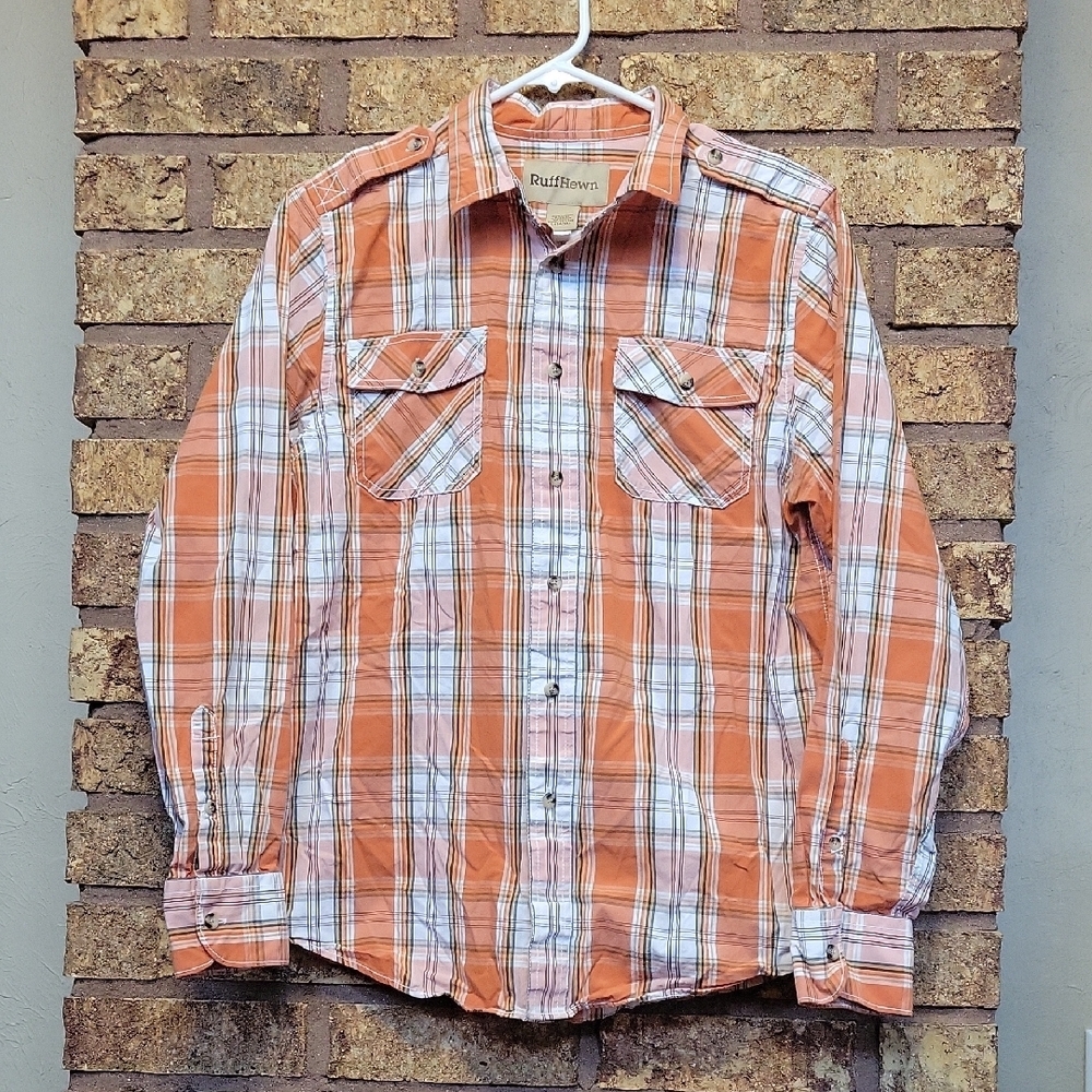 Ruff Hewn Kids Orange and White Plaid Button Down Shirt Size Large 14/16